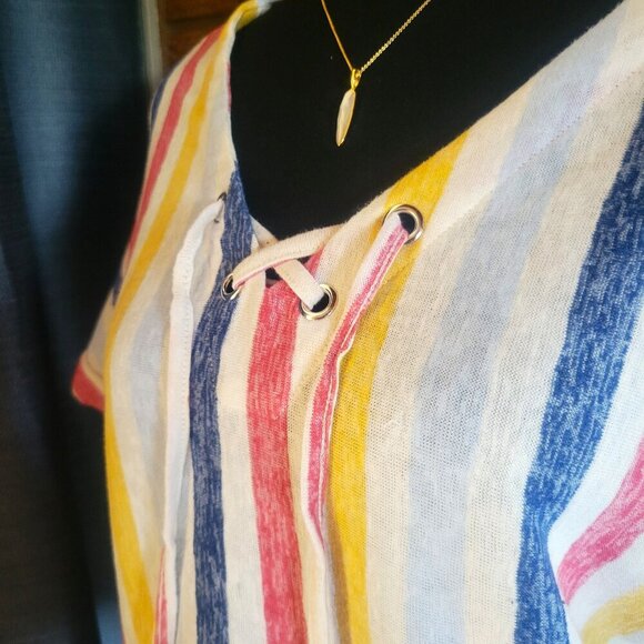 Rafaella Women's Multi-Colored Striped V-Neck Lace Tie Front - Size L - Picture 2 of 7